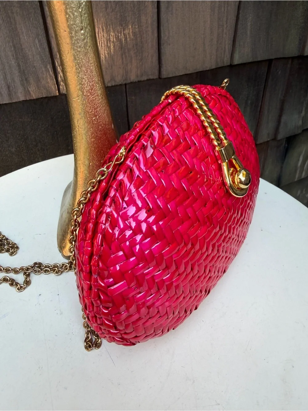Vintage Vanessa neon pink fuchsia straw bag or clutch with chain strap